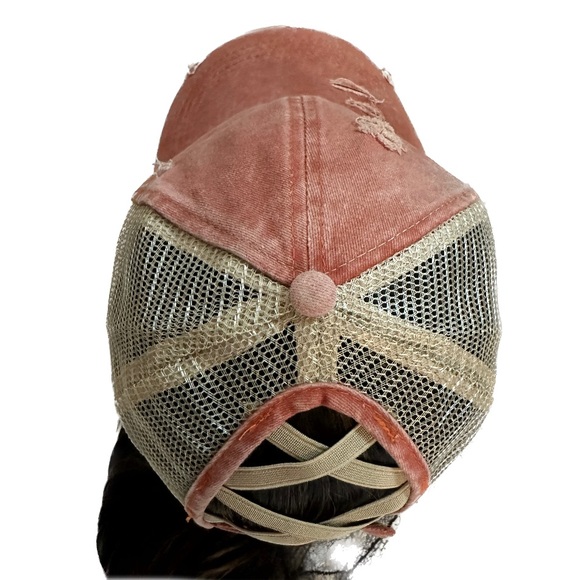 Distressed Ponytail Baseball Caps Adjustable Criss Cross Ponytail Hats Mesh - Picture 3 of 6